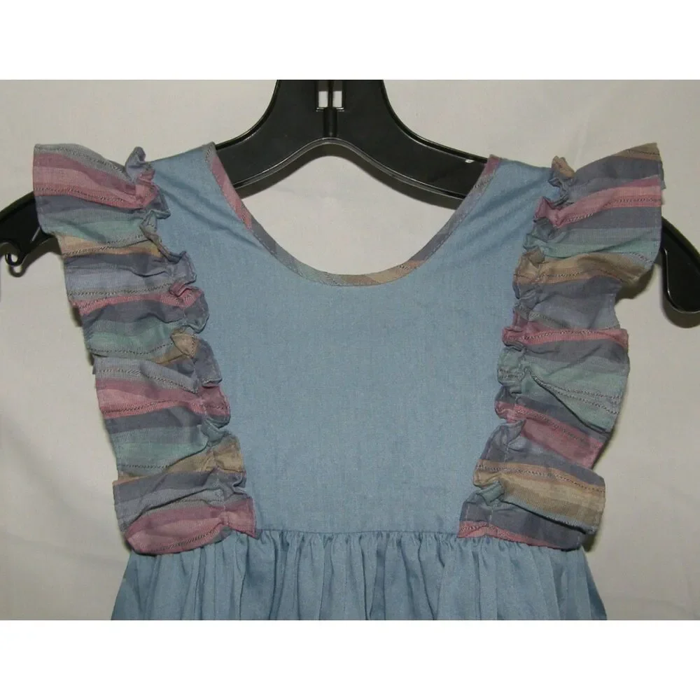 Vintage Girls Sz 4 Blue Ruffled Tie Back Sleeveless Church Dress MINIWORLD